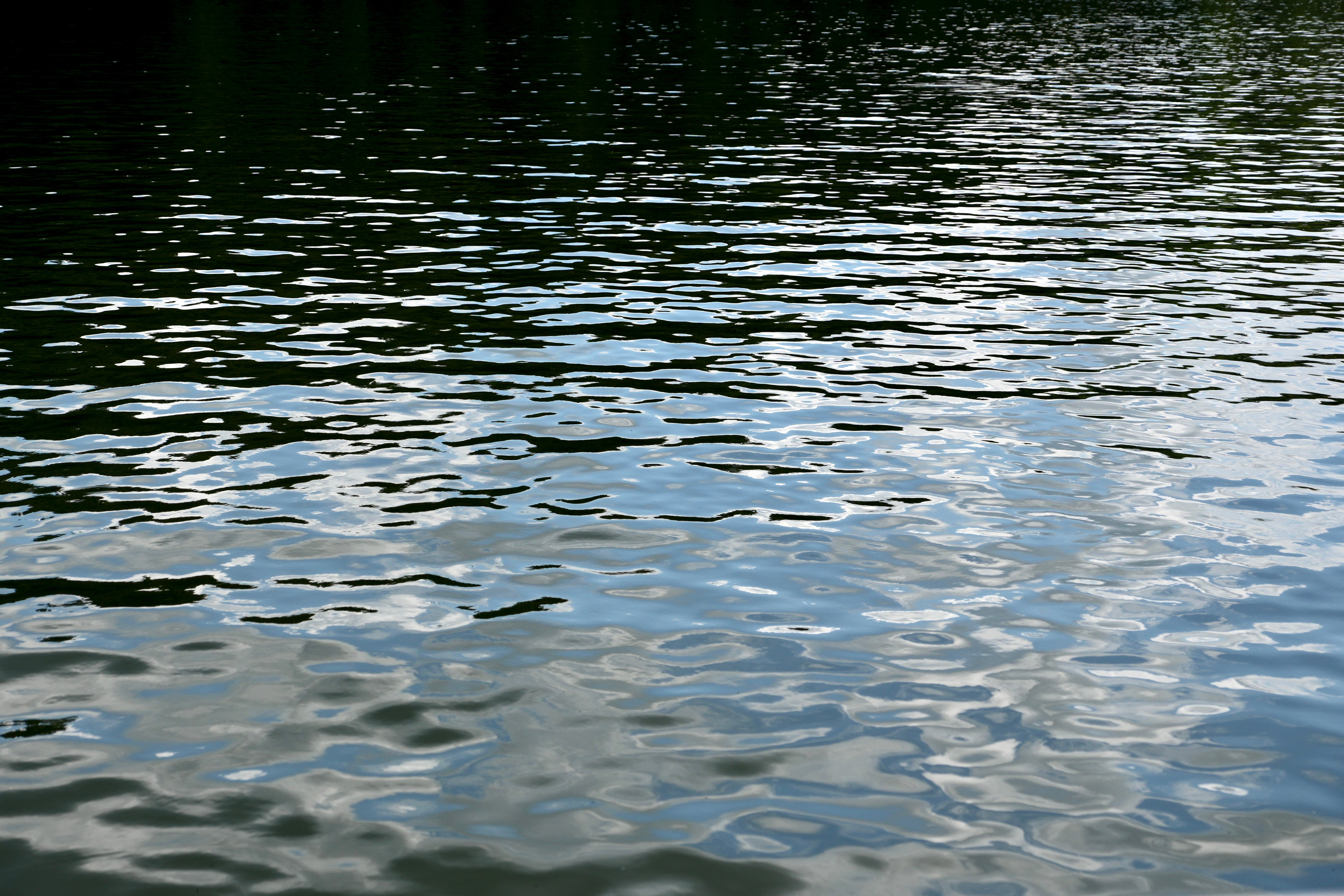 Photograph showing a close-up view of lake surface with gentle ripples reflecting light. The water appears calm with varying shades of blue and dark green.
