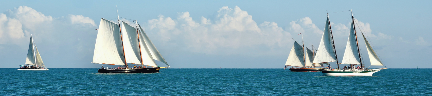 Photograph of several sailboats on calm blue water under a partly cloudy sky, showcasing a sailing event or leisurely outing.