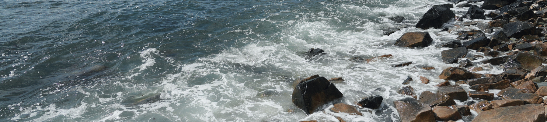 Photograph of ocean waves crashing against a rocky shoreline. The scene captures white foam from the waves and various sizes of dark rocks along the coast.