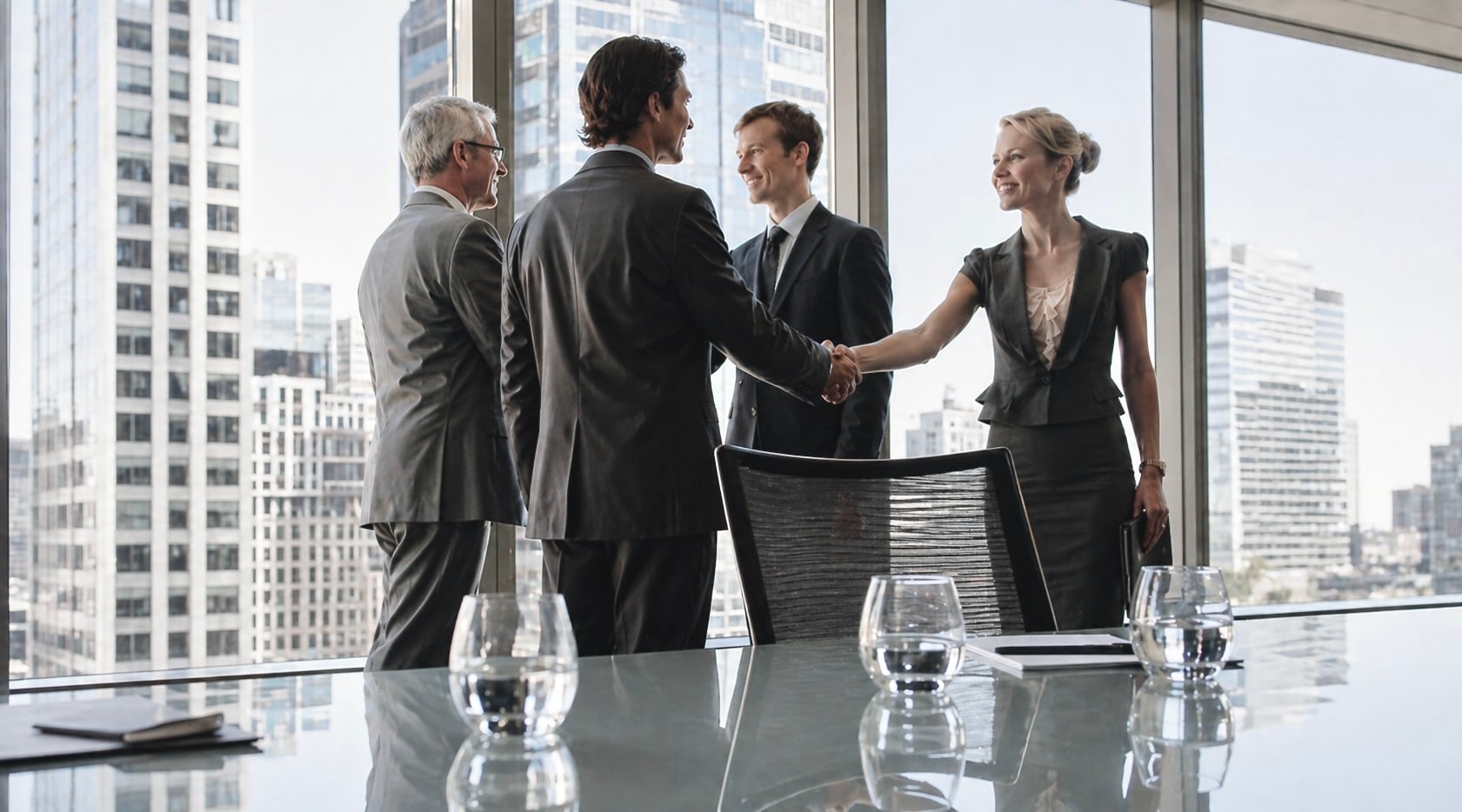 Corporate meeting with city view