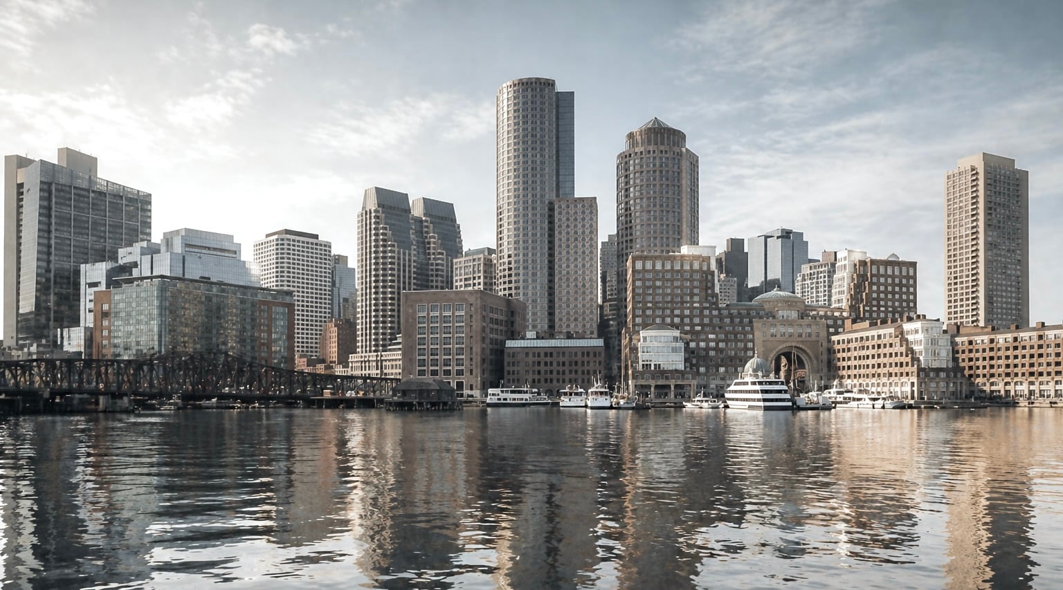Golden hour at the Boston waterfront skyline